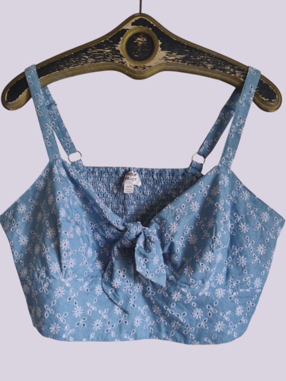 Unique Vintage Eyelet Chambray Smocked Crop Top Bust Tie Adjustable Strap 1X/16